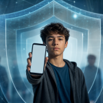 Ilustração editorial de adolescente usando celular diante de símbolos abstratos de proteção e segurança digital, sem textos ou logotipos