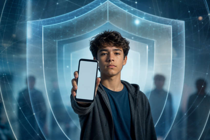 Ilustração editorial de adolescente usando celular diante de símbolos abstratos de proteção e segurança digital, sem textos ou logotipos