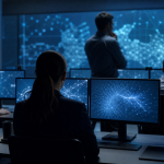 Equipe de segurança cibernética monitora redes digitais em uma sala de operações
