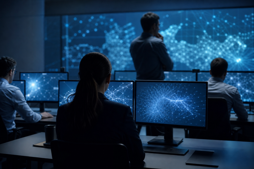 Equipe de segurança cibernética monitora redes digitais em uma sala de operações