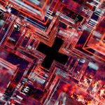 Composição abstrata com circuitos tecnológicos luminosos em cores vibrantes, evocando computação avançada e segurança digital.