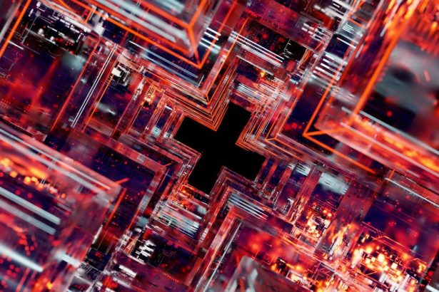 Composição abstrata com circuitos tecnológicos luminosos em cores vibrantes, evocando computação avançada e segurança digital.