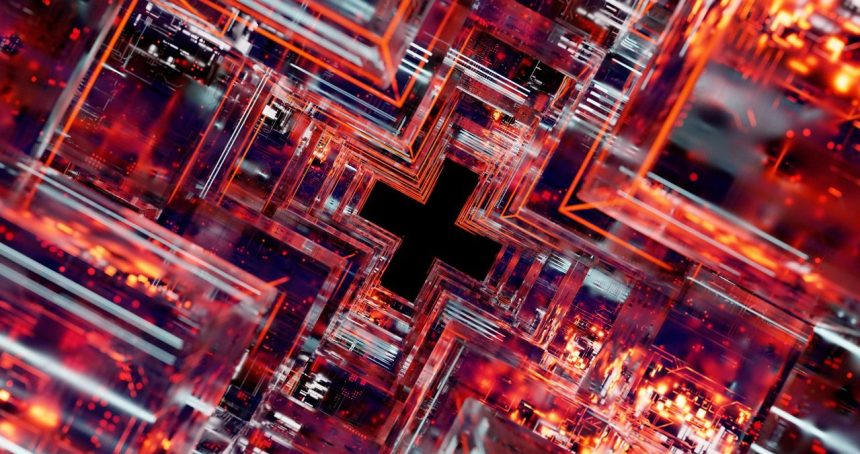 Composição abstrata com circuitos tecnológicos luminosos em cores vibrantes, evocando computação avançada e segurança digital.